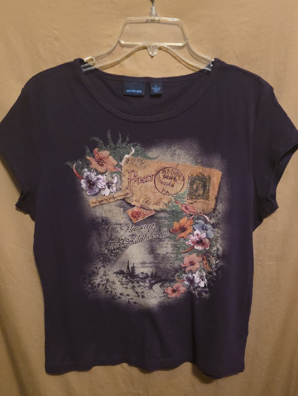 Ladies' Dark Purple Embellished Floral Tee L